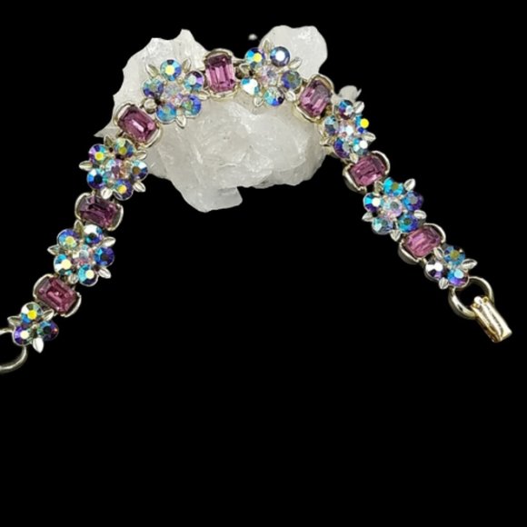 Vintage Lisner Purple and AB Rhinestone Bracelet - Picture 1 of 9